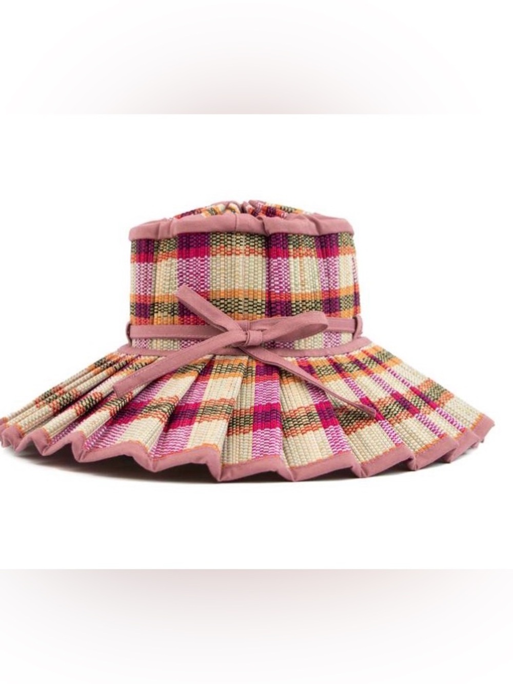 Pink Plaid Straw Visor Hat with Ribbon Band